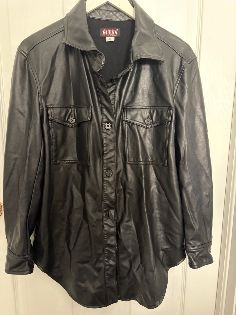 GUESS Black Faux Leather Button-Up Shirt Jacket